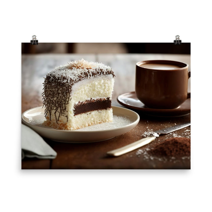 Coconut-covered cake paired with the smooth coffee photo paper poster - Posterfy.AI