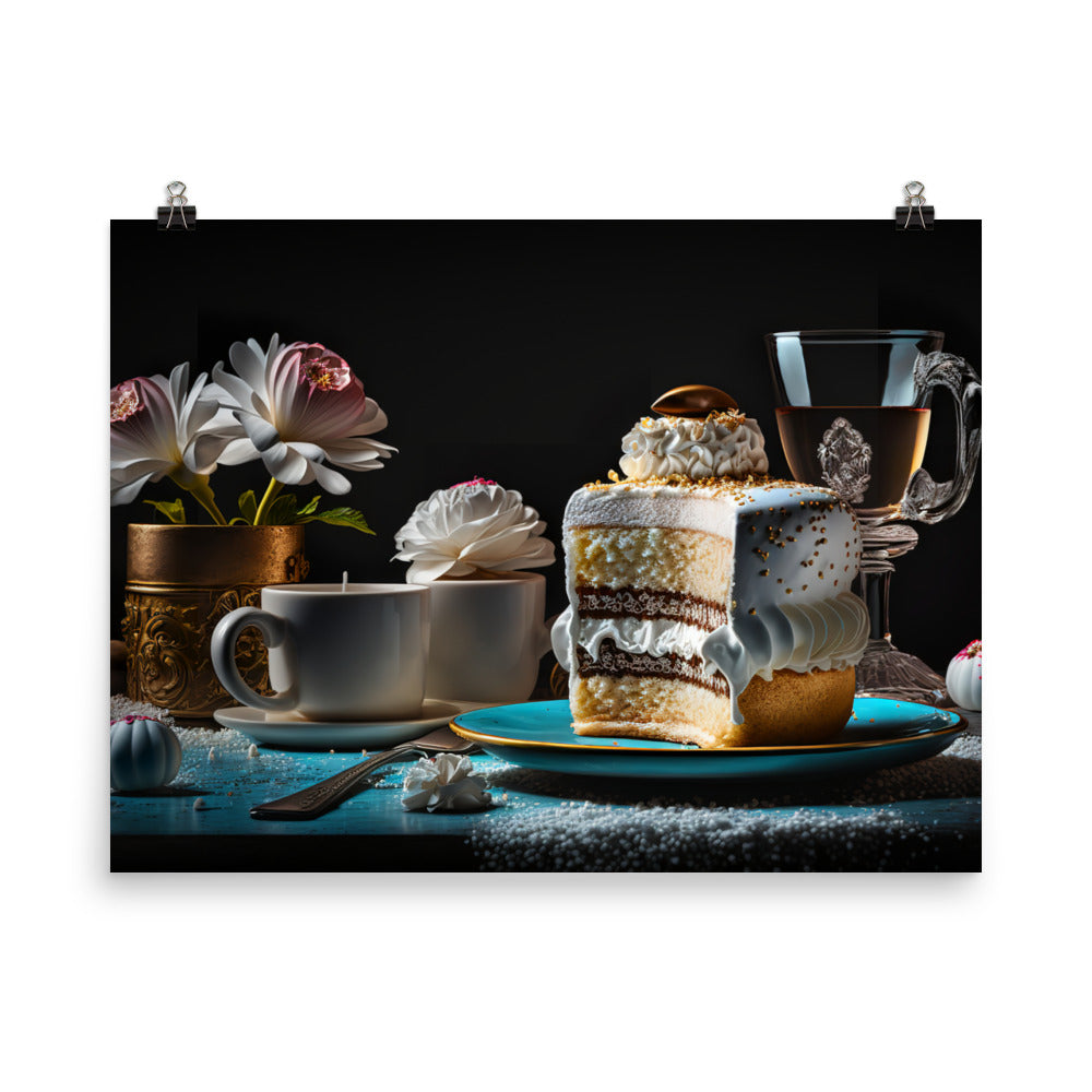 A Charming cafe with Delicious Coffee and Cake photo paper poster - Posterfy.AI