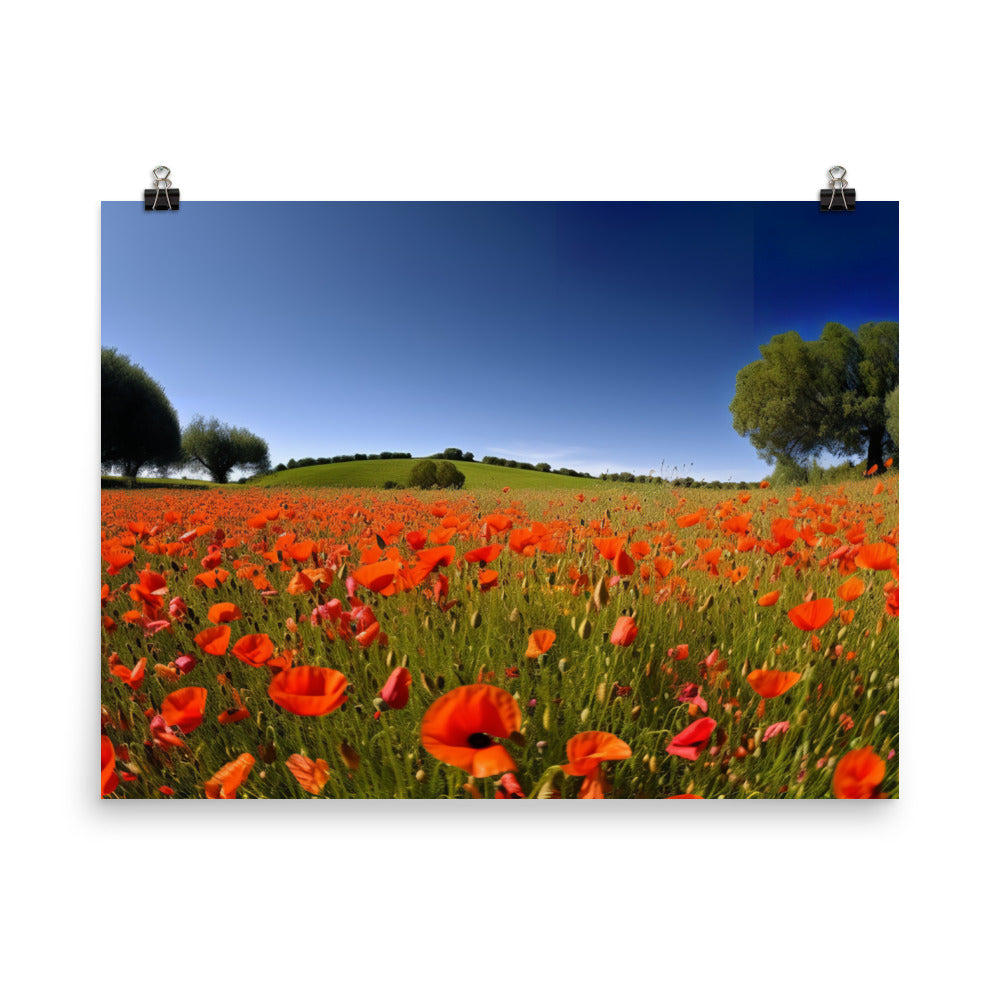 Vibrant Poppy blooms against a blue sky photo paper poster - Posterfy.AI