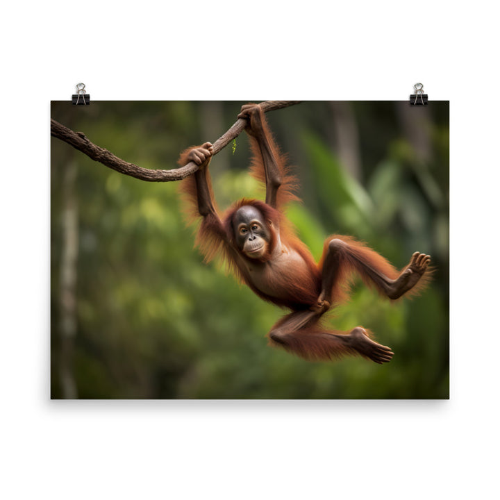 Playful Orangutan Swinging on Branch photo paper poster - Posterfy.AI