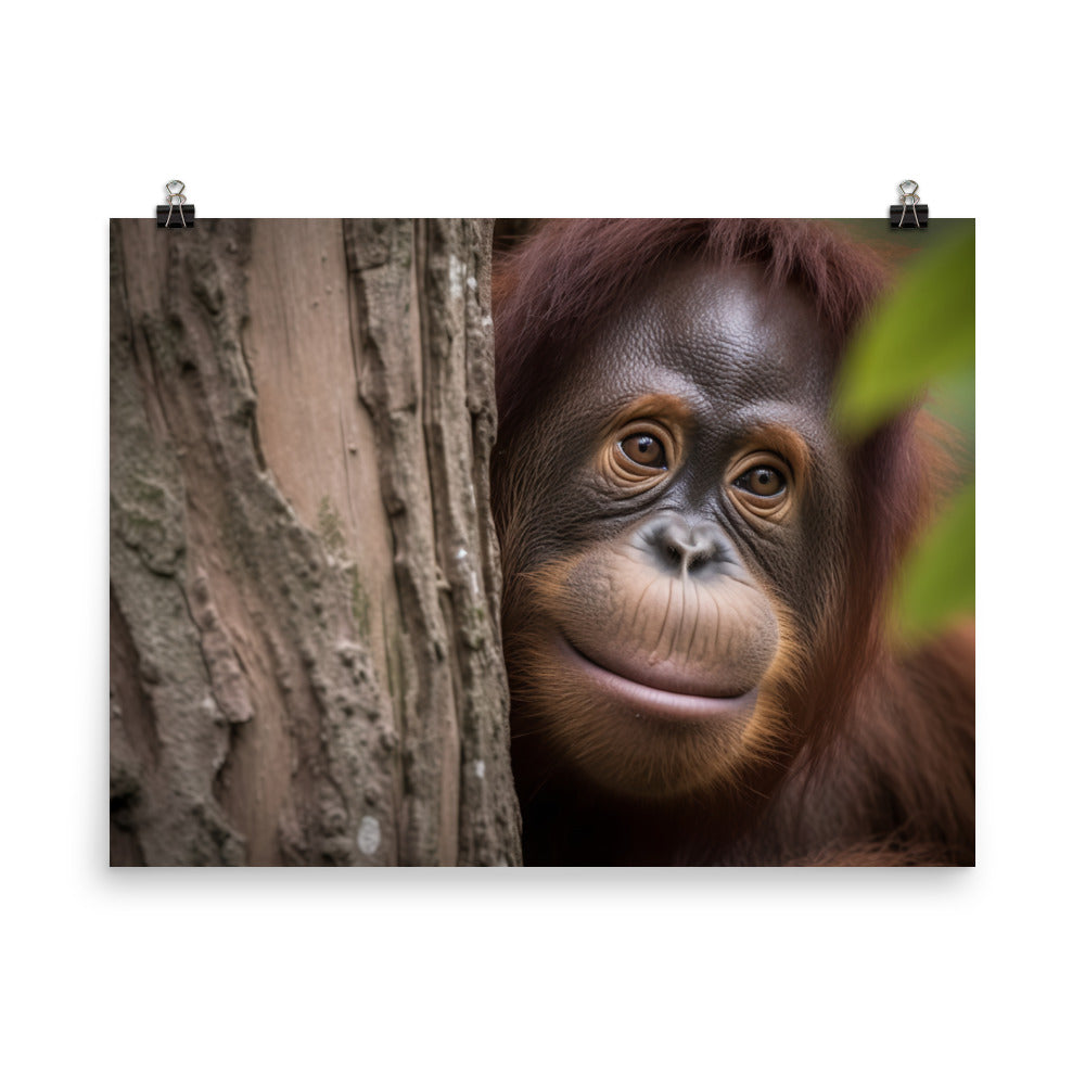 Inquisitive Orangutan Peeking from Behind Tree photo paper poster - Posterfy.AI
