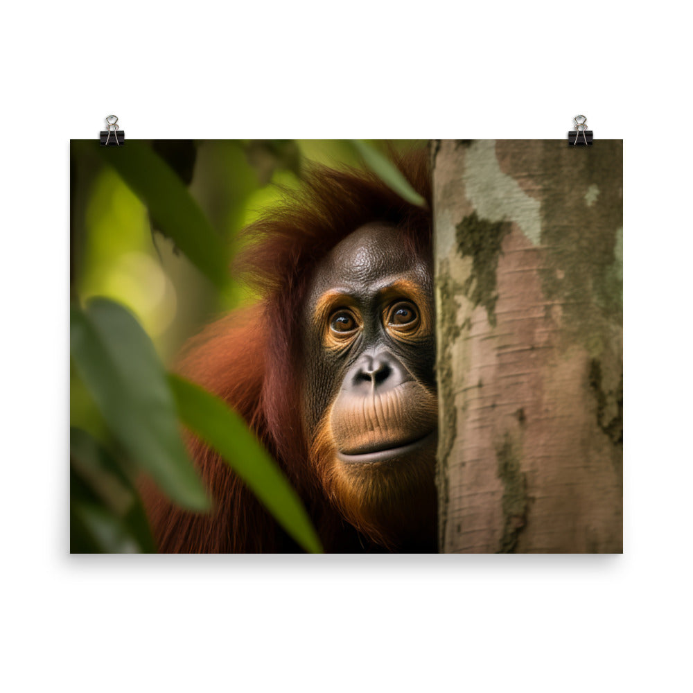 Inquisitive Orangutan Peeking from Behind Tree photo paper poster - Posterfy.AI