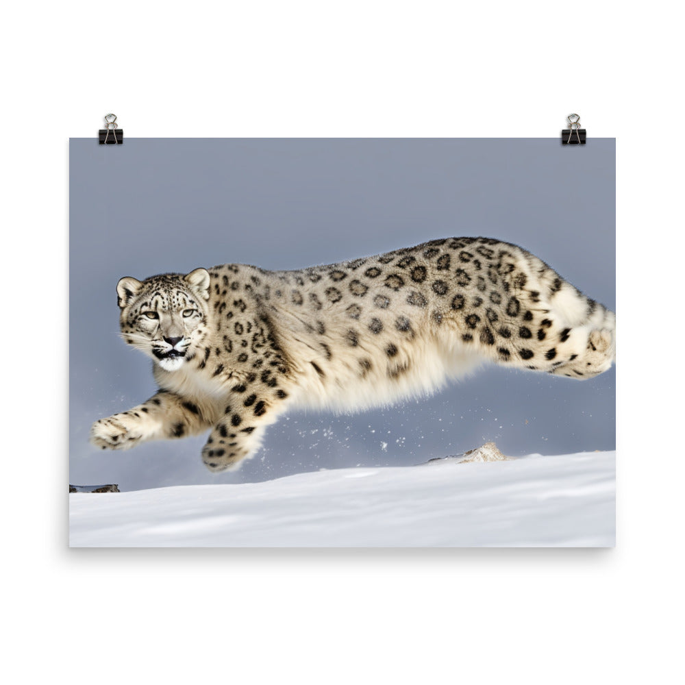 A Snow Leopard leaping through the air photo paper poster - Posterfy.AI