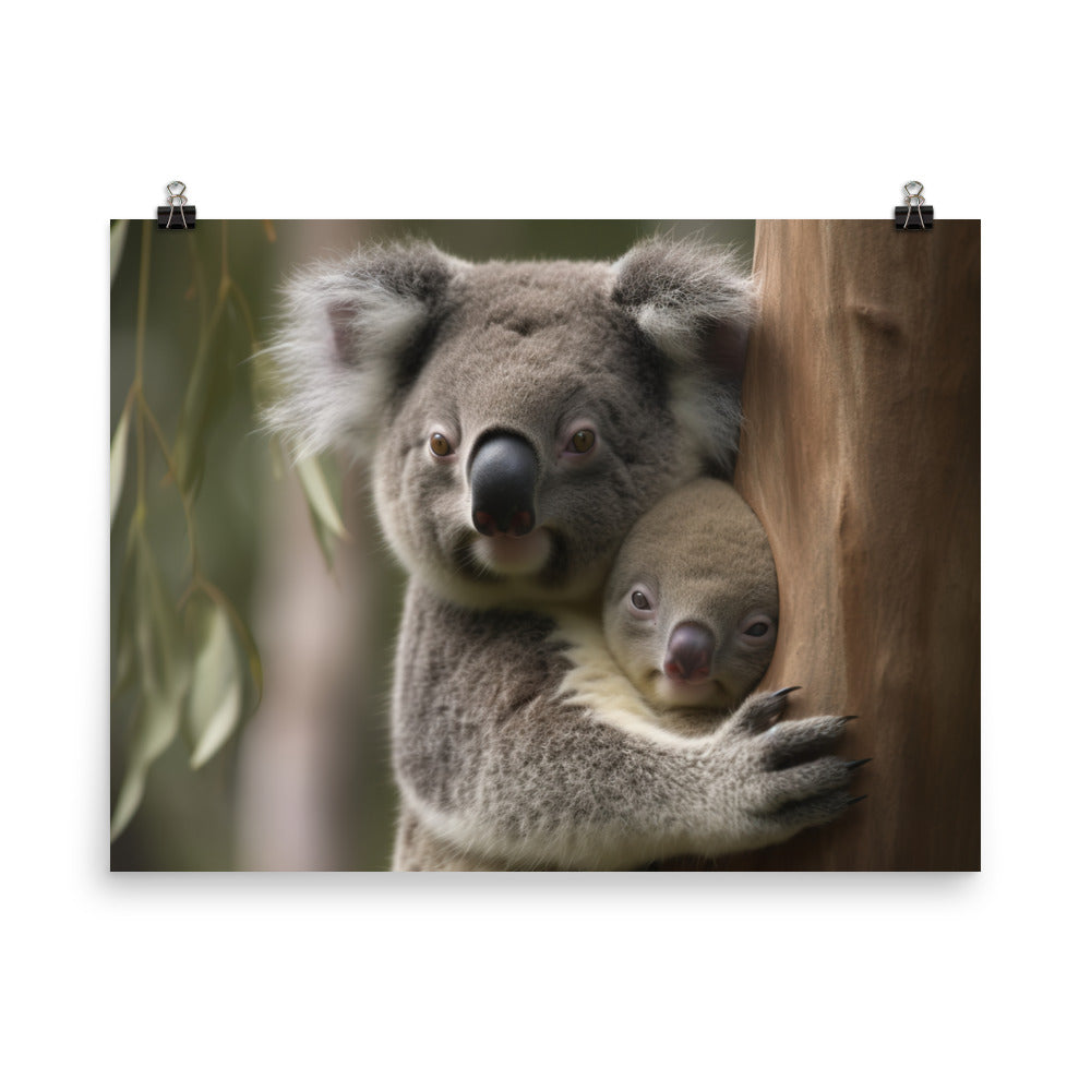 Koala Mother and Baby Cuddling in a Gum Tree photo paper poster - Posterfy.AI