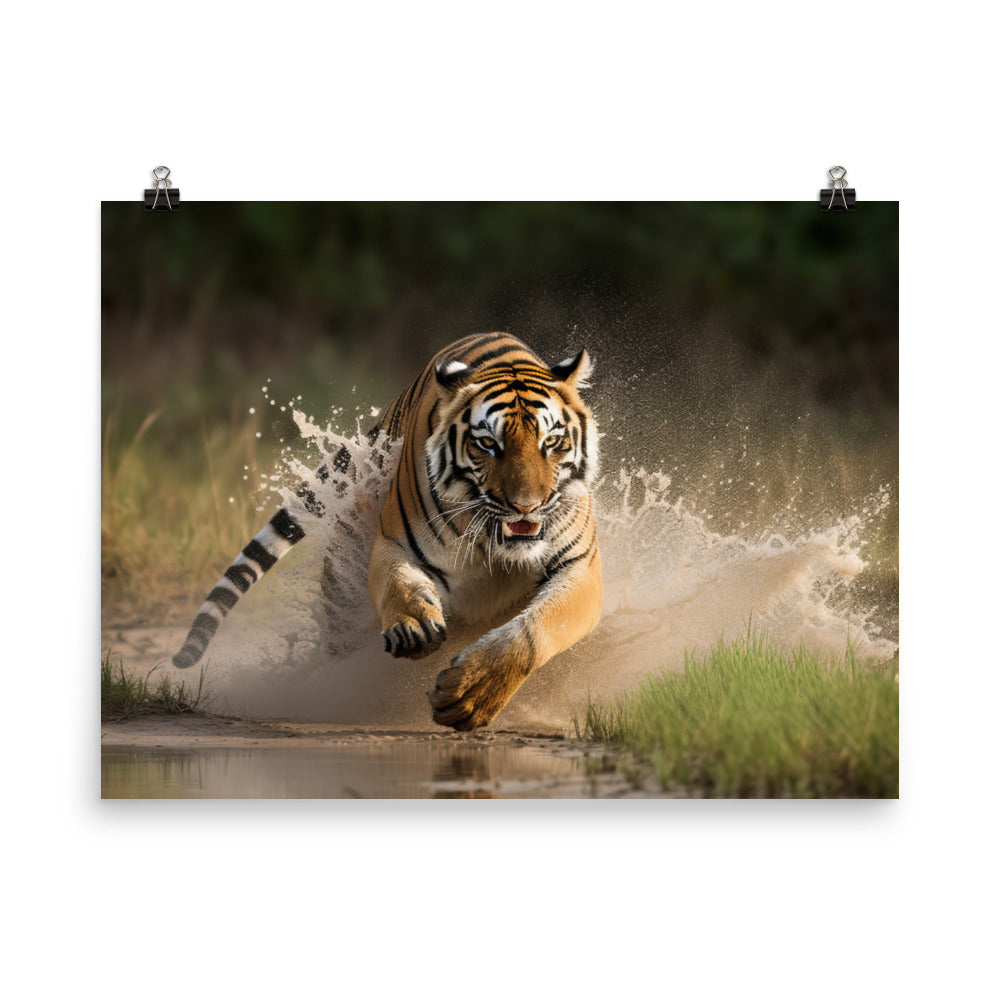 Bengal Tiger Pouncing on Prey photo paper poster - Posterfy.AI