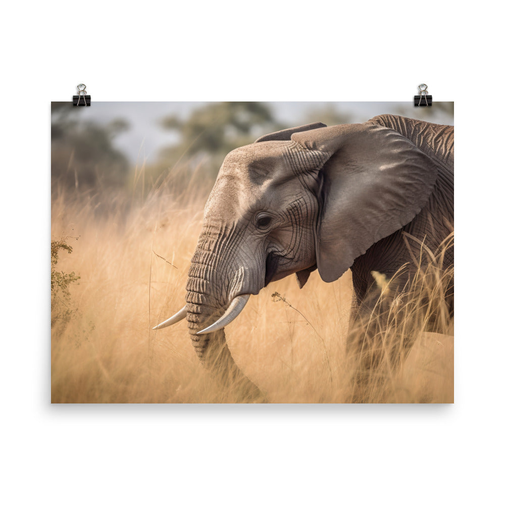 Majestic African Elephant Grazing in the Savannah photo paper poster - Posterfy.AI