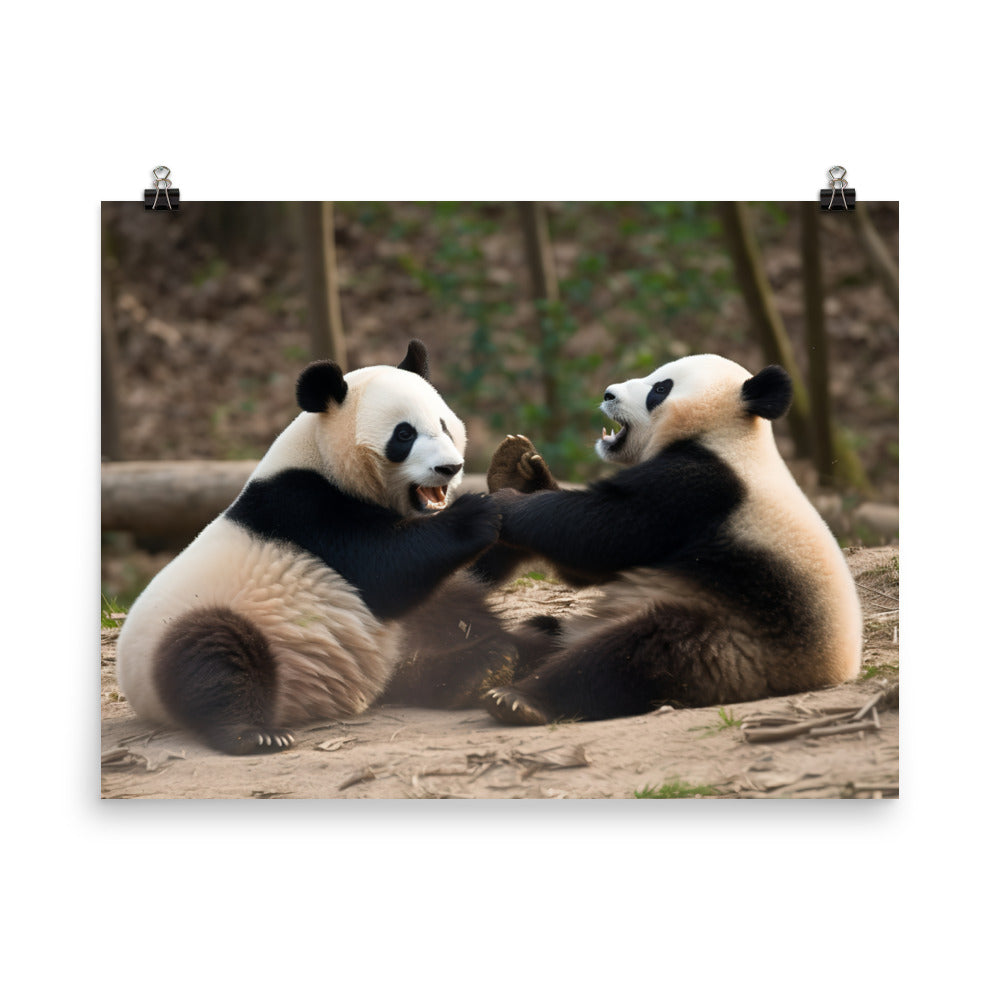 Playful Panda Duo in Action photo paper poster - Posterfy.AI