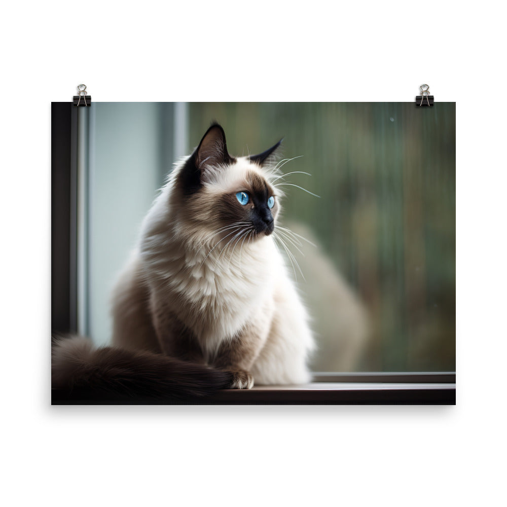 Graceful Balinese Cat Posing on the Window Sill photo paper poster - Posterfy.AI