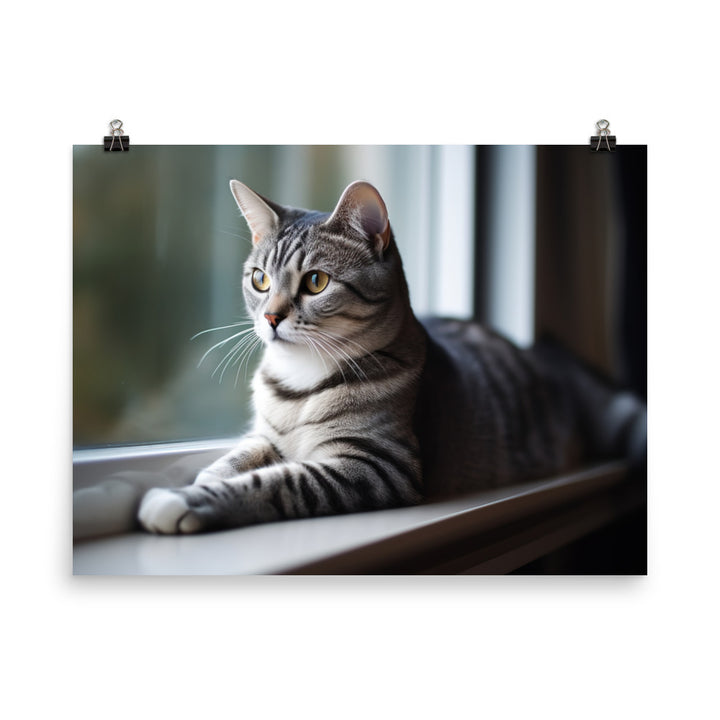 Charming American Shorthair posing on a windowsill photo paper poster - Posterfy.AI