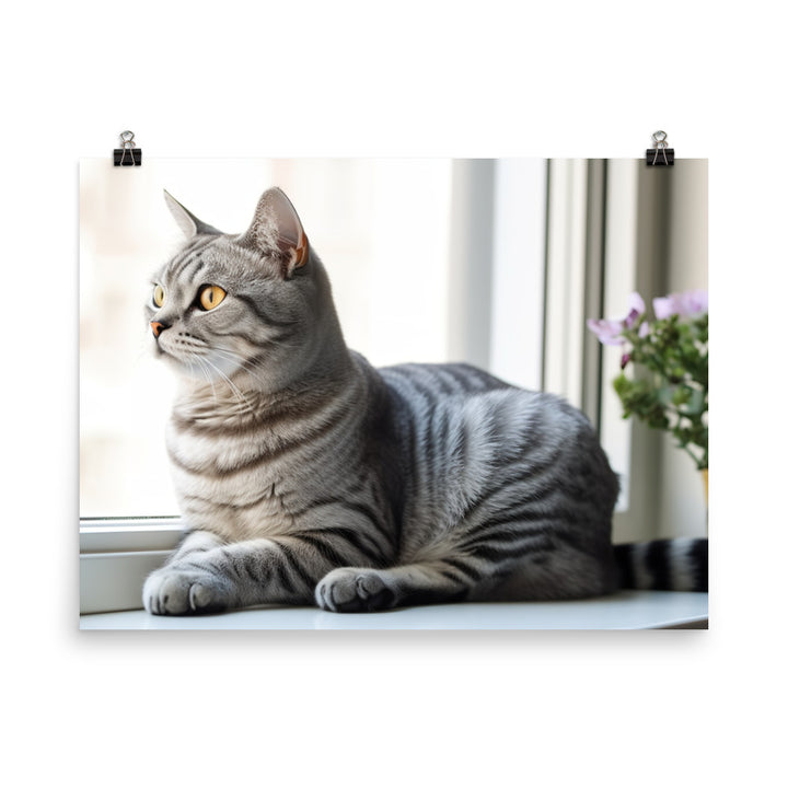 Charming American Shorthair posing on a windowsill photo paper poster - Posterfy.AI