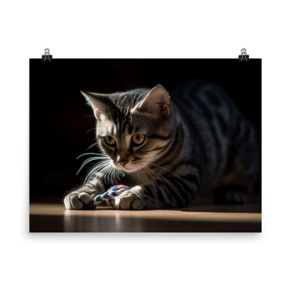Adorable American Shorthair playing with toy mouse photo paper poster - Posterfy.AI
