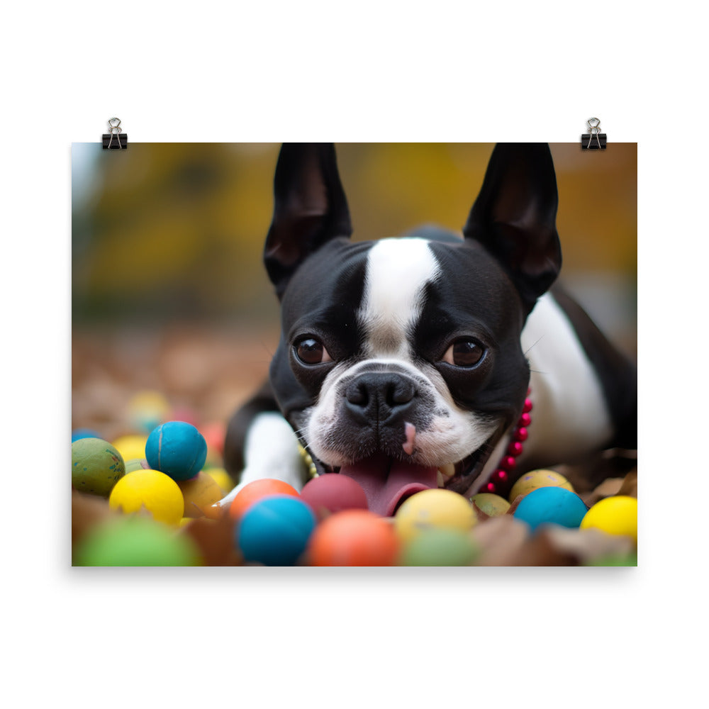 Happy Boston Terrier with Toys photo paper poster - Posterfy.AI