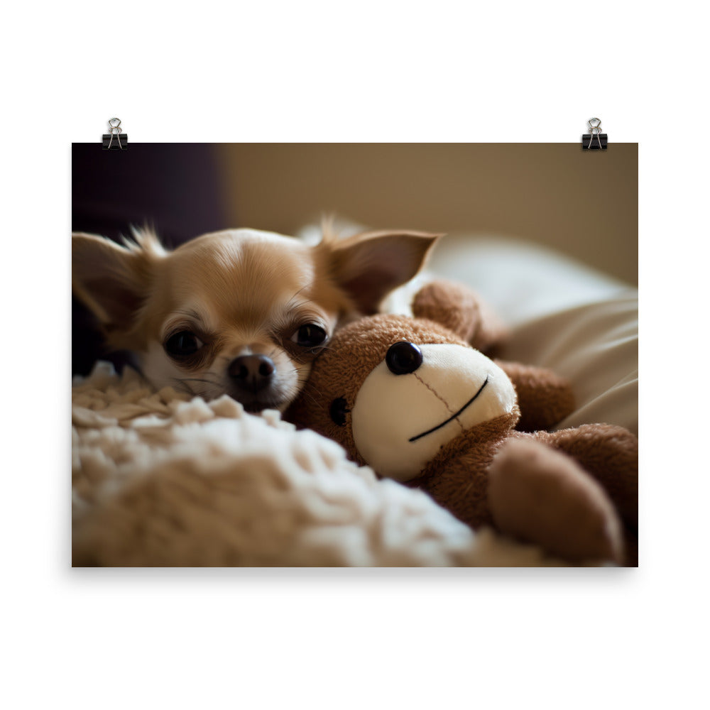 A Chihuahua snuggled up with a plush toy photo paper poster - Posterfy.AI