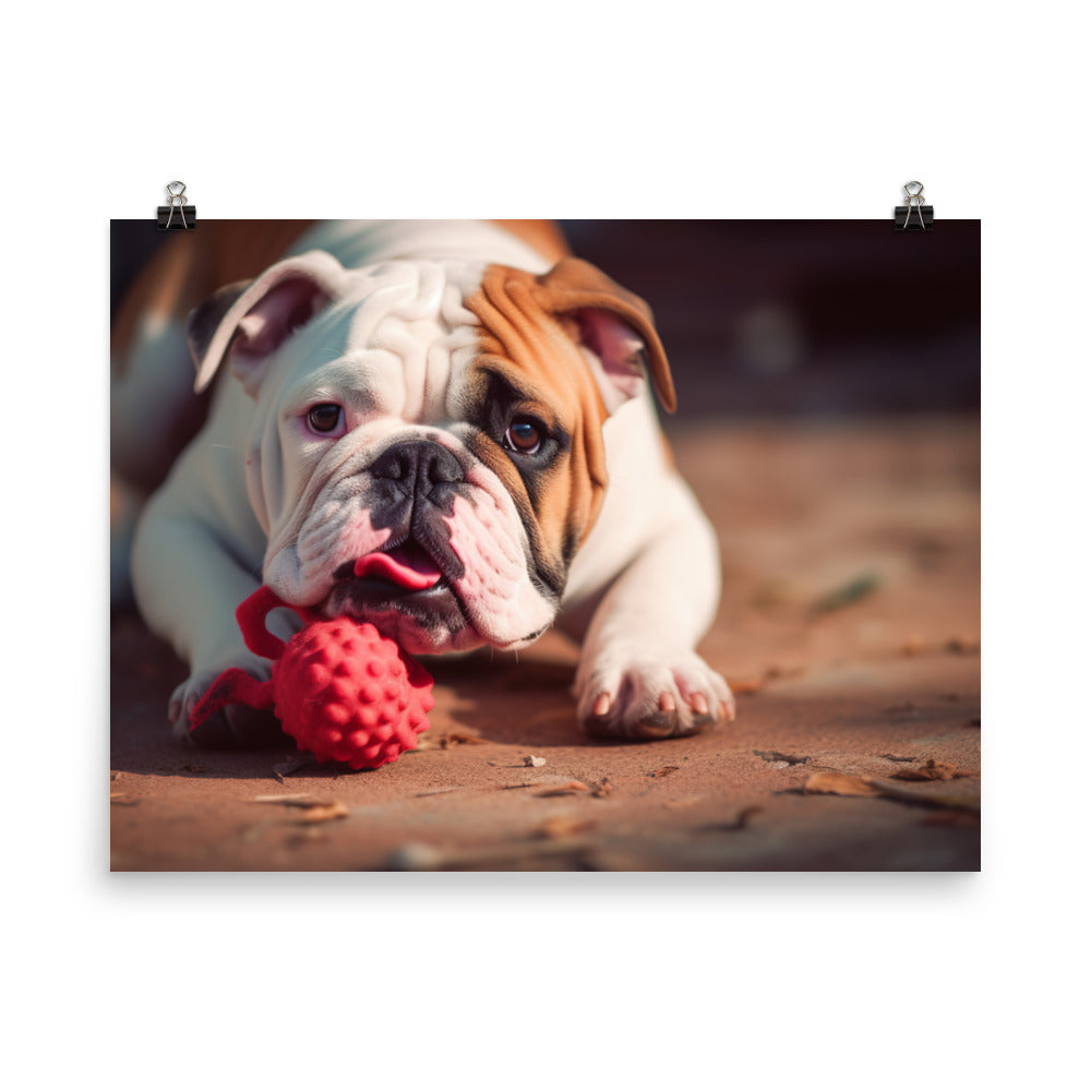 Silly Bulldog: Playful Pup with a Toy photo paper poster - Posterfy.AI