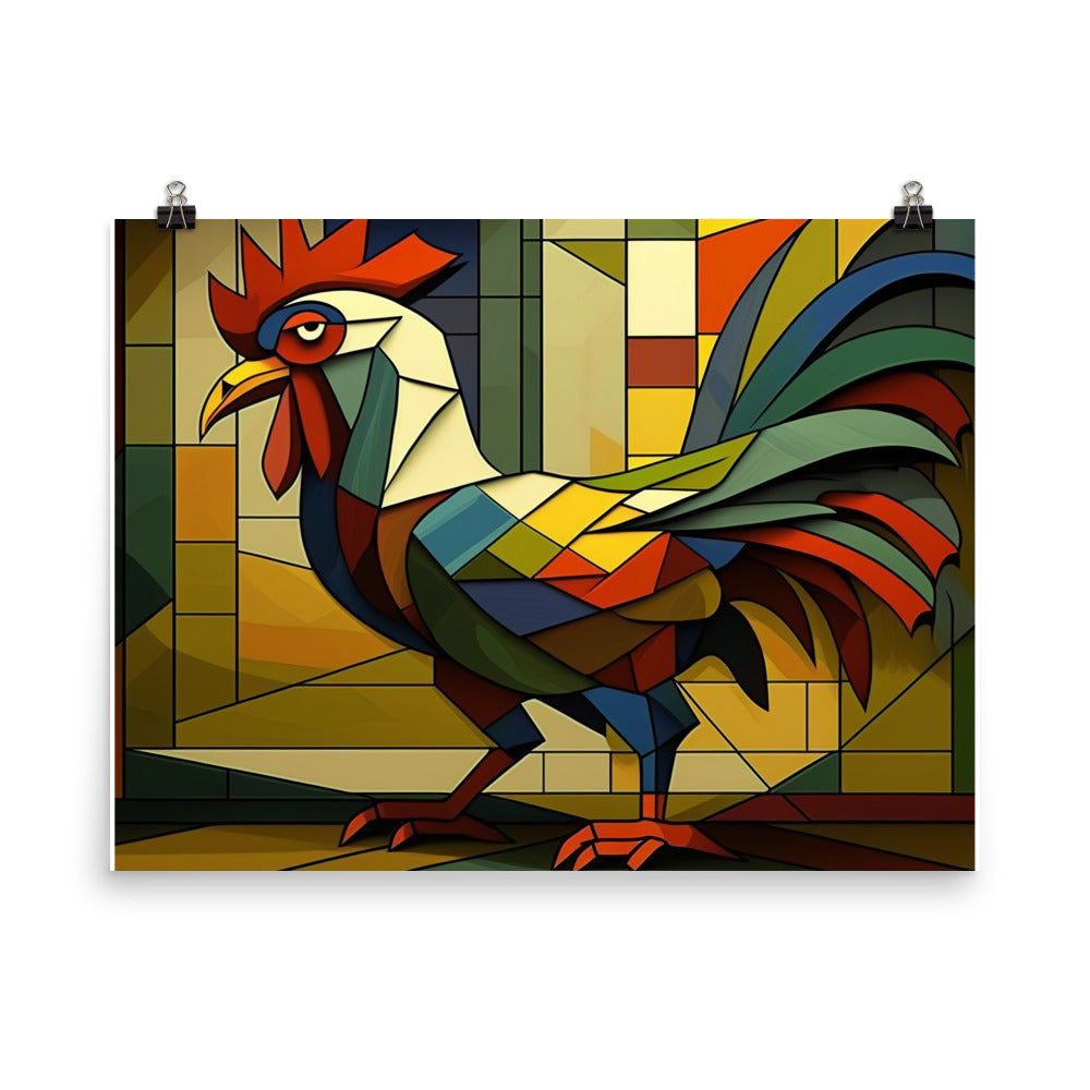Rooster in colorful cubism style photo paper poster - Posterfy.AI