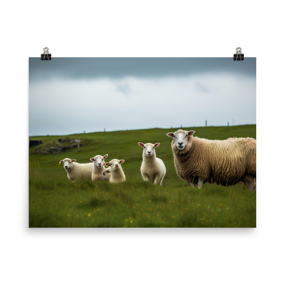 Icelandic Sheep with their playful lambs photo paper poster - Posterfy.AI