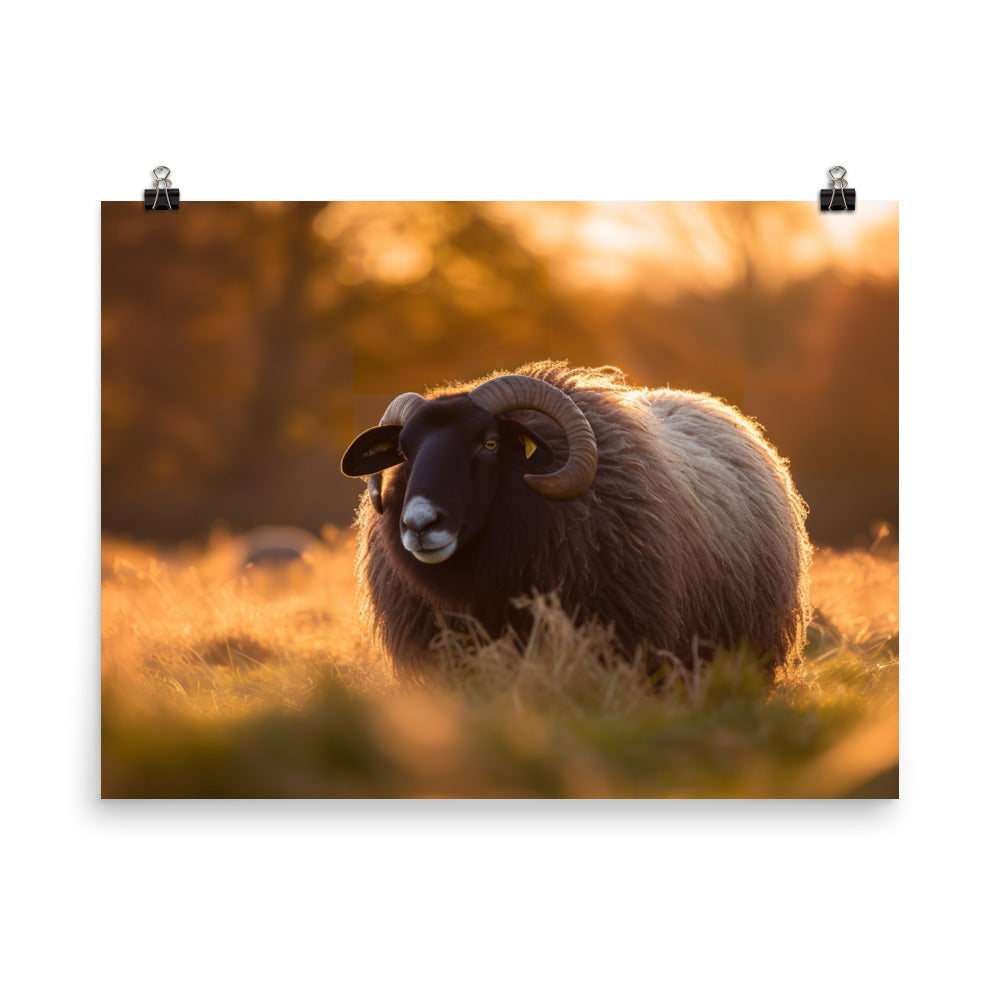 Adorable Suffolk Sheep Grazing in the Sunset photo paper poster - Posterfy.AI