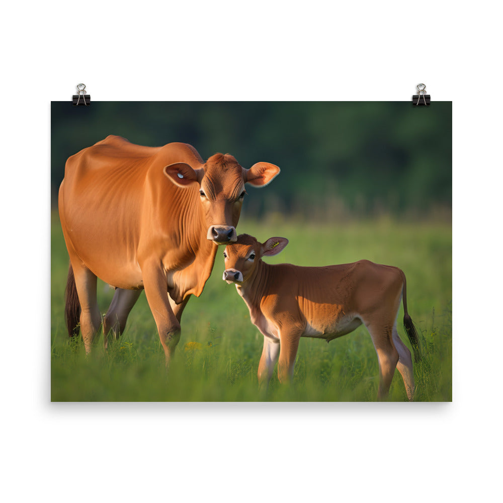 Jersey Cow and Calf Bonding in a Green Pasture photo paper poster - Posterfy.AI