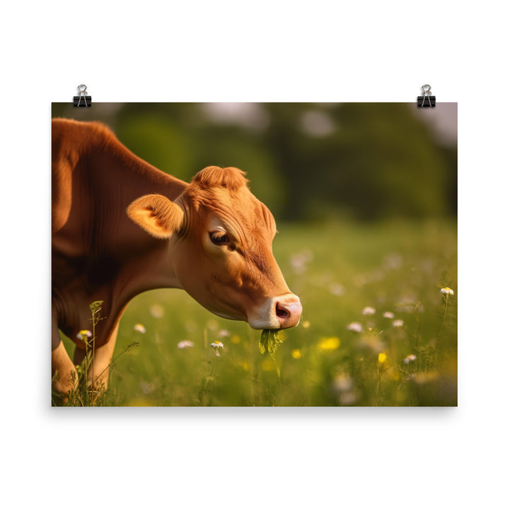 Adorable Jersey Cow Grazing in a Sunny Meadow photo paper poster - Posterfy.AI