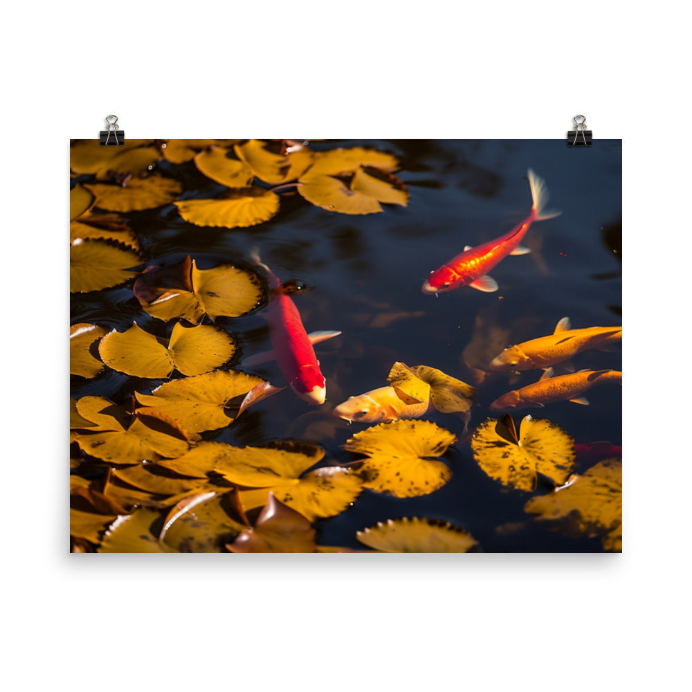 Golden Koi Swimming in Tranquil Pond Photo paper poster - Posterfy.AI