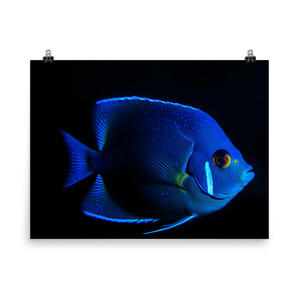 A Glowing Blue Angelfish in the Dark Abyss Photo paper poster - Posterfy.AI