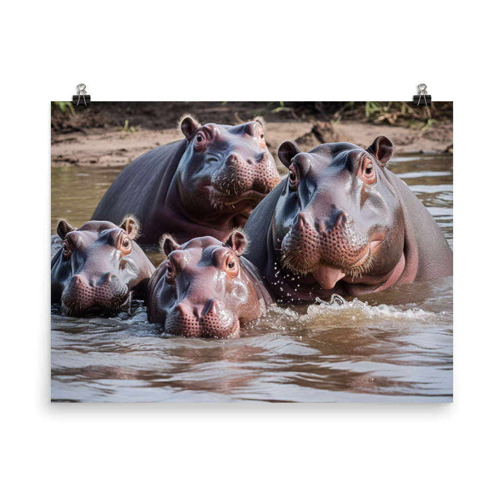 Playful Hippopotamus Family Photo paper poster - Posterfy.AI