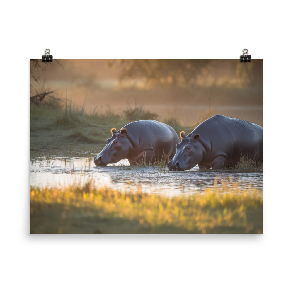 Hippos at Sunrise Photo paper poster - Posterfy.AI
