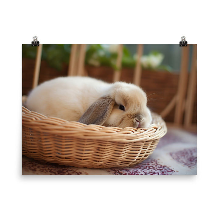 Mini Lop Bunny in a Wicker Basket photo paper poster - Posterfy.AI