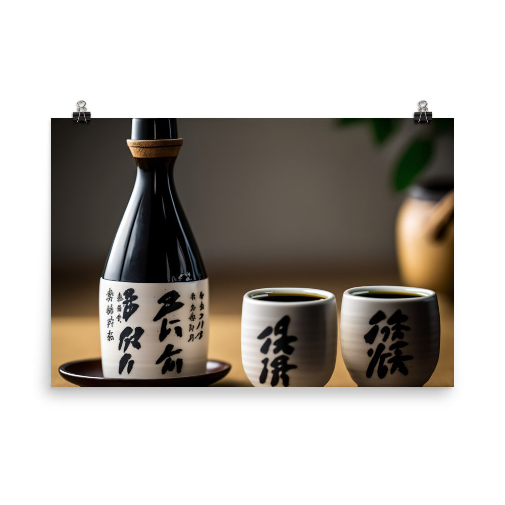 A simple yet elegant set of black and white ceramic sake cups next to a bottle of sake photo paper poster - Posterfy.AI