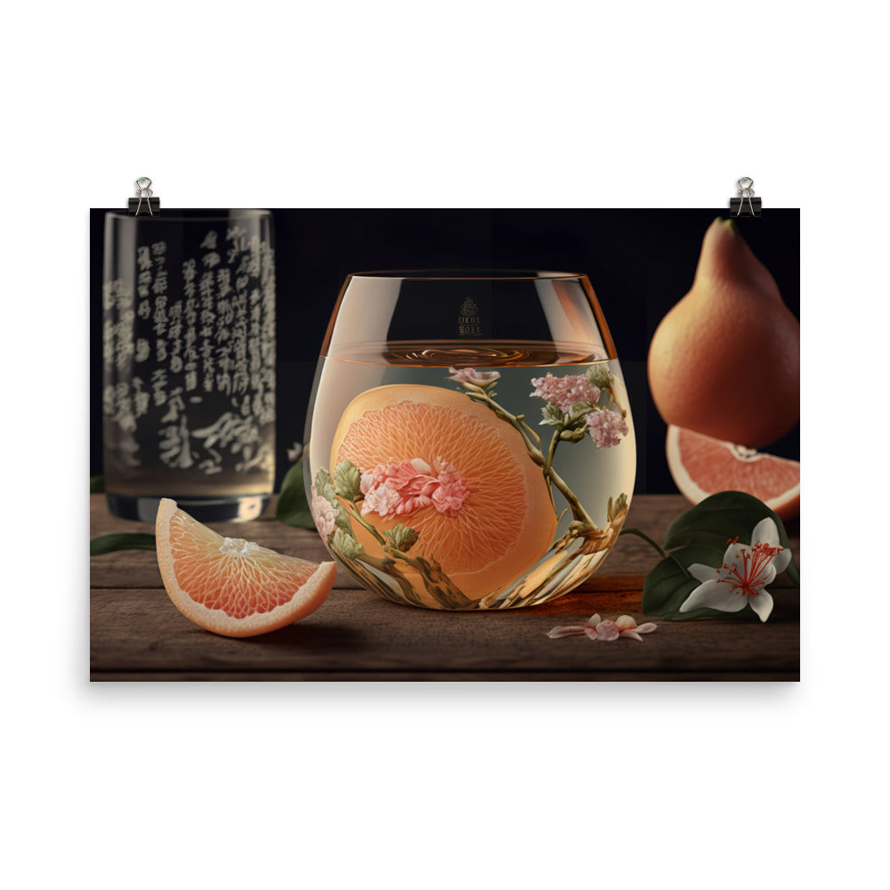 A side view of a clear glass of junmai ginjo sake with a floral aroma photo paper poster - Posterfy.AI