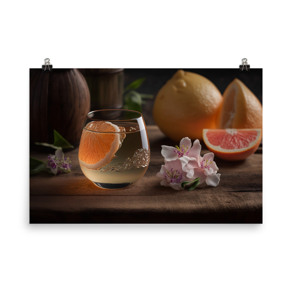 A side view of a clear glass of junmai ginjo sake with a floral aroma photo paper poster - Posterfy.AI