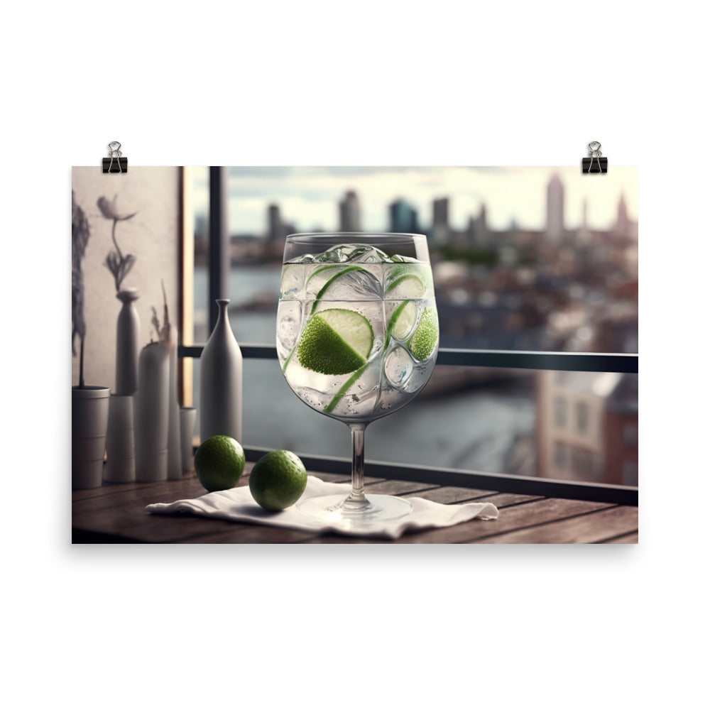 A refreshing gin and tonic with a slice of lime photo paper poster - Posterfy.AI