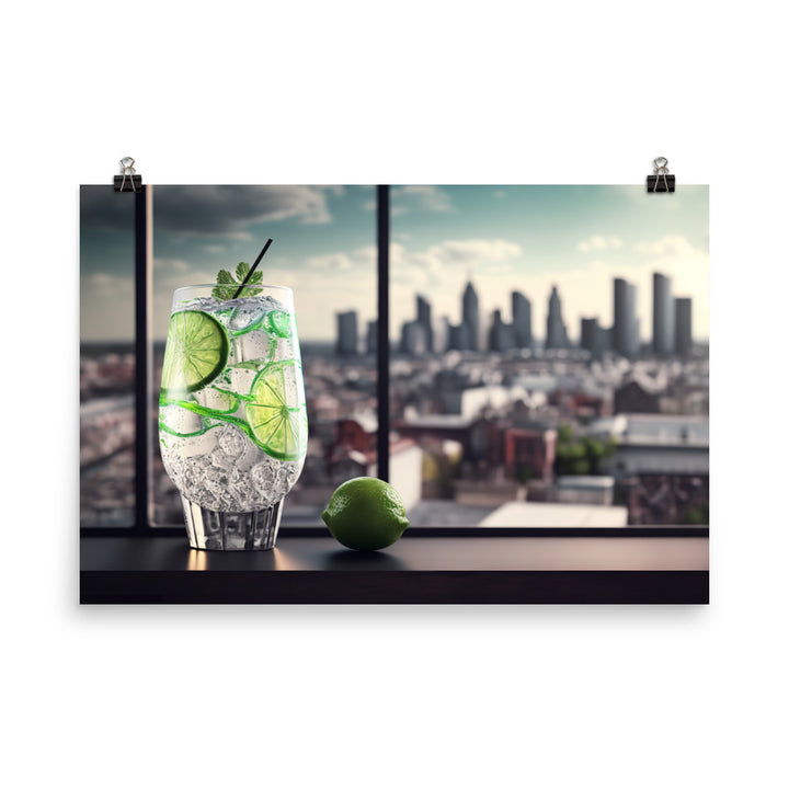 A refreshing gin and tonic with a slice of lime photo paper poster - Posterfy.AI