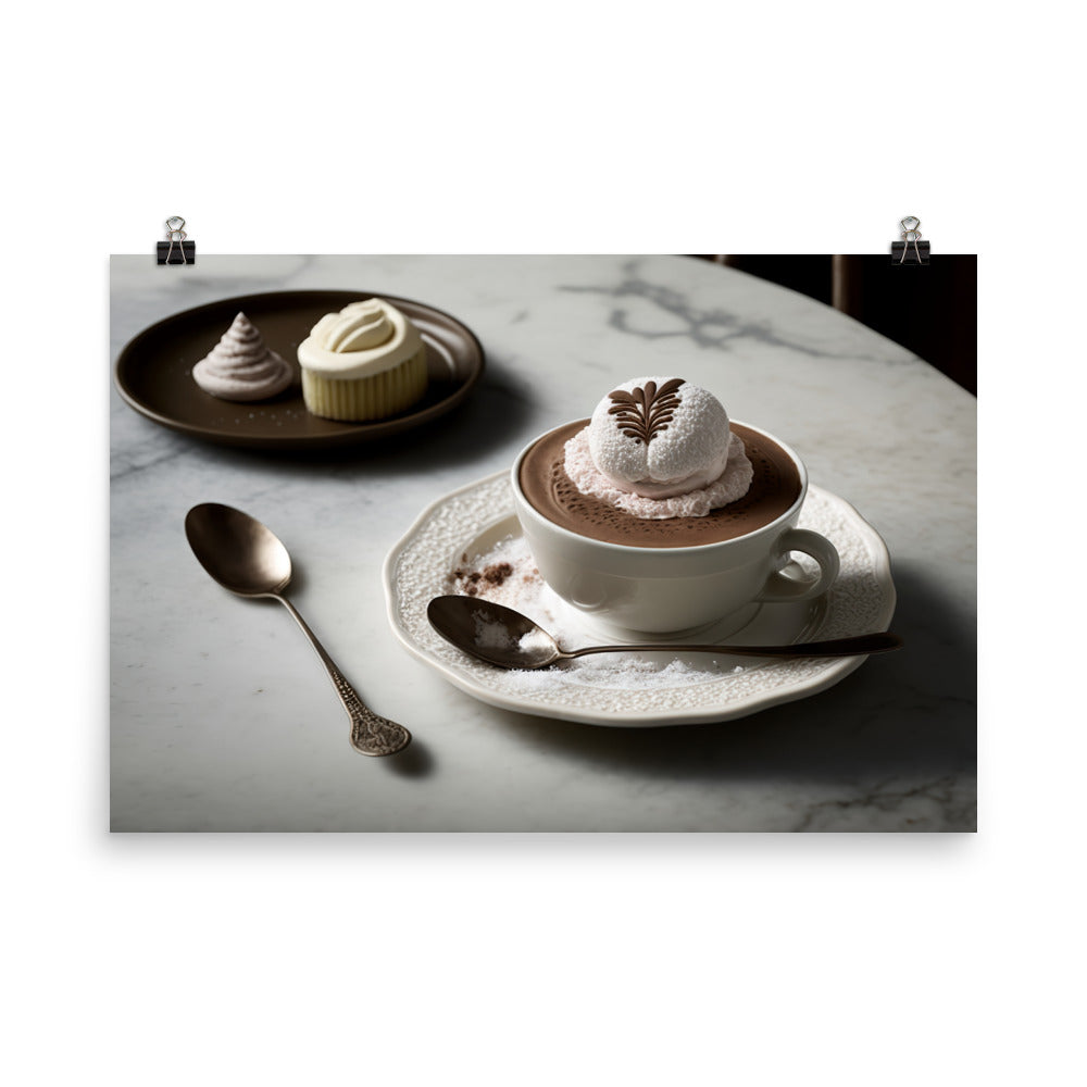 A frothy cappuccino, with a heart shaped foam design and a dusting of cocoa powder photo paper poster - Posterfy.AI
