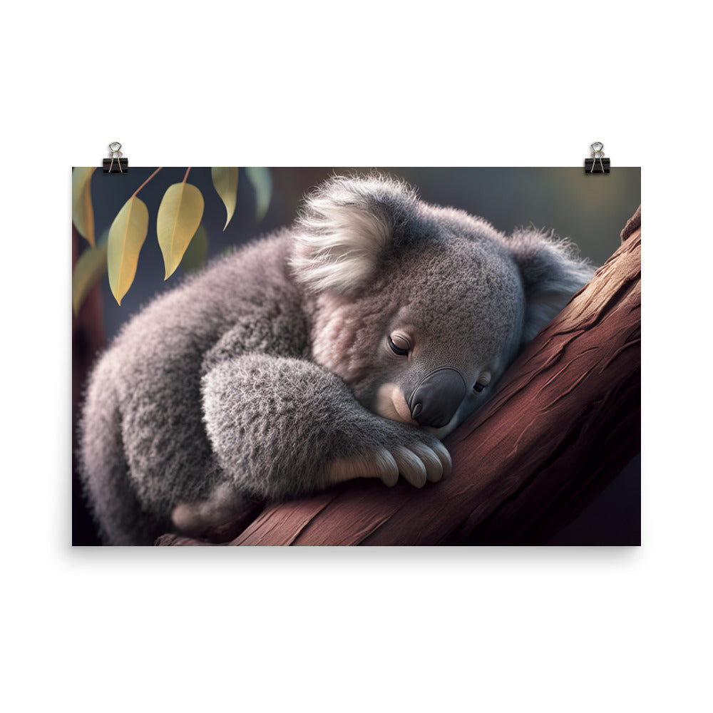 A sleepy baby koala curled up in a tree photo paper poster - Posterfy.AI
