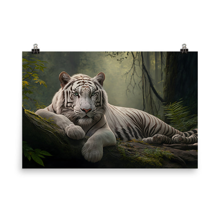 A majestic white tiger resting in a forest photo paper poster - Posterfy.AI