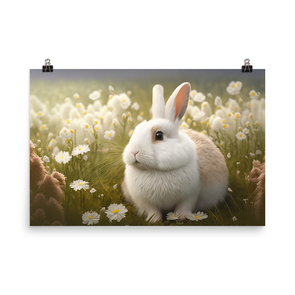 A fluffy white bunny in a field of flowers photo paper poster - Posterfy.AI