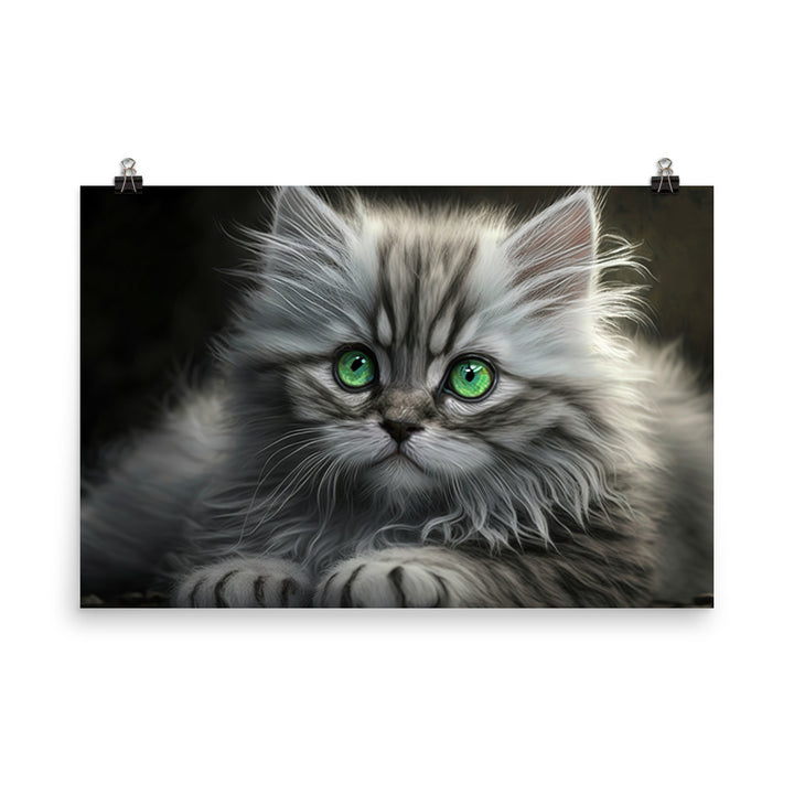 A fluffy gray kitten with bright green eyes photo paper poster - Posterfy.AI