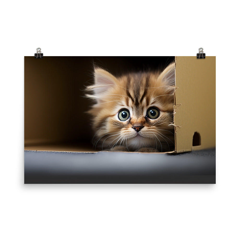 A fluffy kitten peering curiously out of a small cardboard box photo paper poster - Posterfy.AI