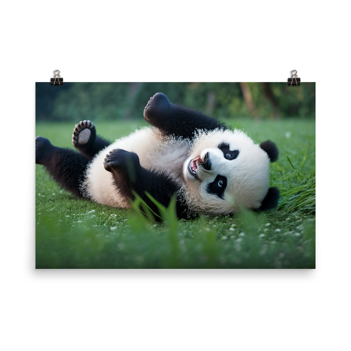 A playful panda bear rolling around in the grass photo paper poster - Posterfy.AI