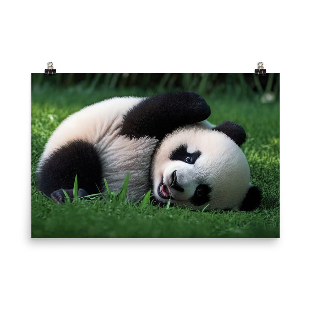 A playful panda bear rolling around in the grass photo paper poster - Posterfy.AI