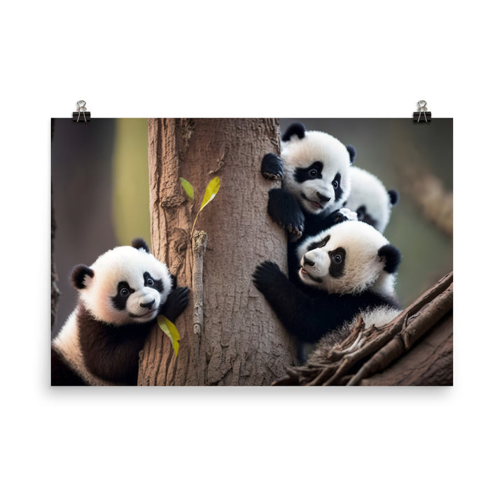 A mischievous panda cub playing with its siblings in a tree photo paper poster - Posterfy.AI