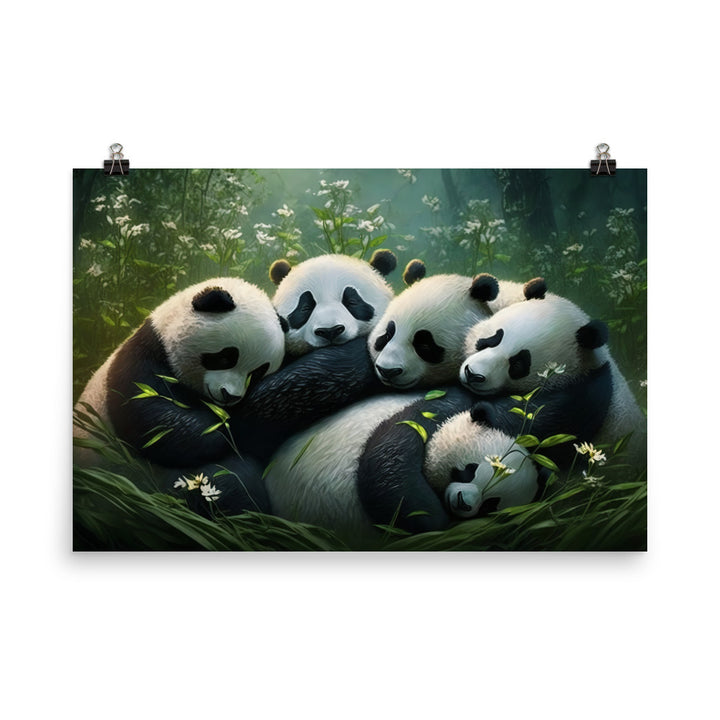 A group of panda bears cuddling together in a peaceful meadow photo paper poster - Posterfy.AI