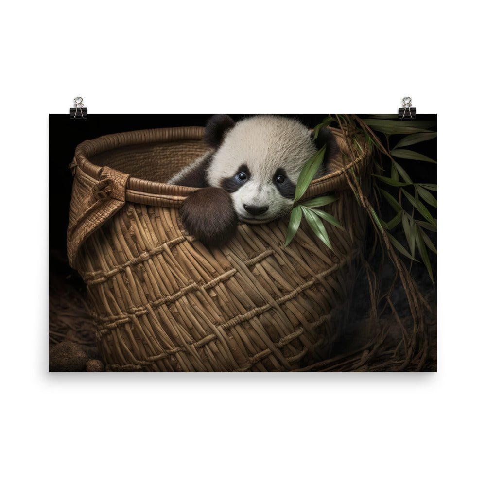 A cute panda cub peeking out from a basket full of bamboo photo paper poster - Posterfy.AI