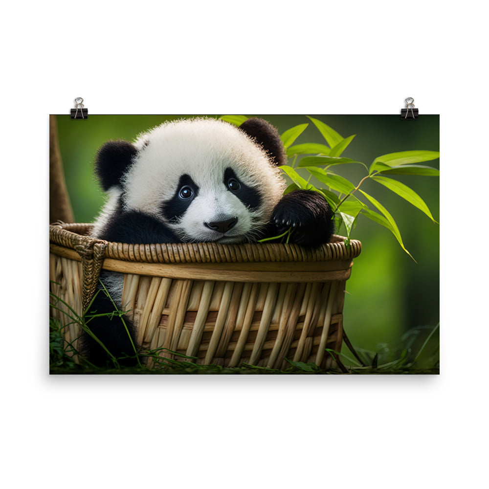A cute panda cub peeking out from a basket full of bamboo photo paper poster - Posterfy.AI