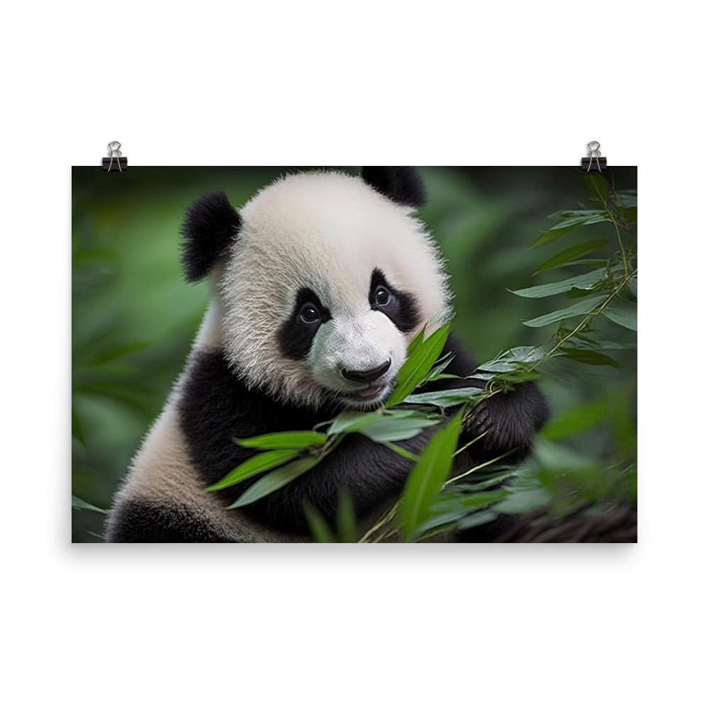 A cute panda bear enjoying a feast of bamboo leaves photo paper poster - Posterfy.AI