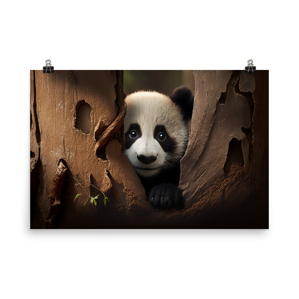 A curious panda bear peeking out from behind a tree trunk photo paper poster - Posterfy.AI