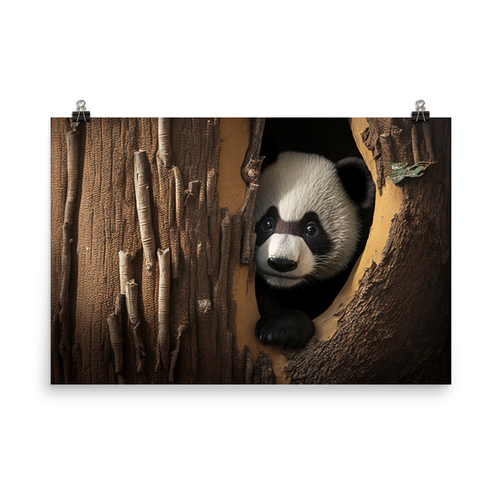 A curious panda bear peeking out from behind a tree trunk photo paper poster - Posterfy.AI