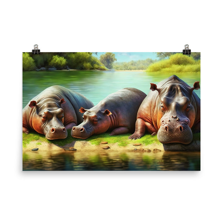 A hippo family sunbathing on the banks of a river photo paper poster - Posterfy.AI