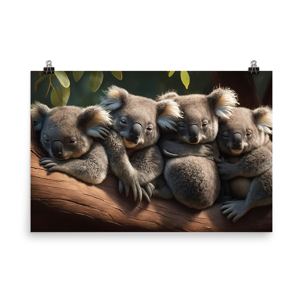 A group of koalas huddled together on a tree limb photo paper poster - Posterfy.AI